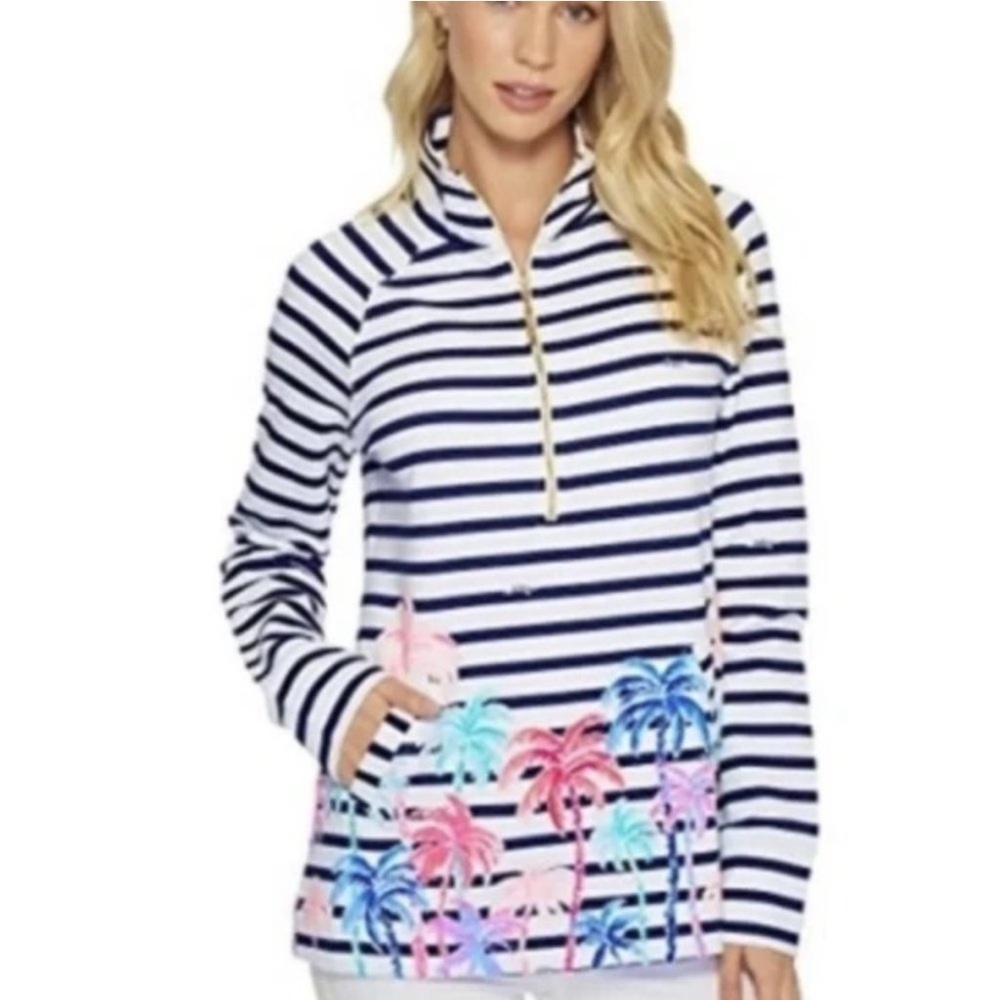 Lilly Pulitzer UPF 50+ Skipper Popover Resort White Desert Palm Stripe - Picture 3 of 13